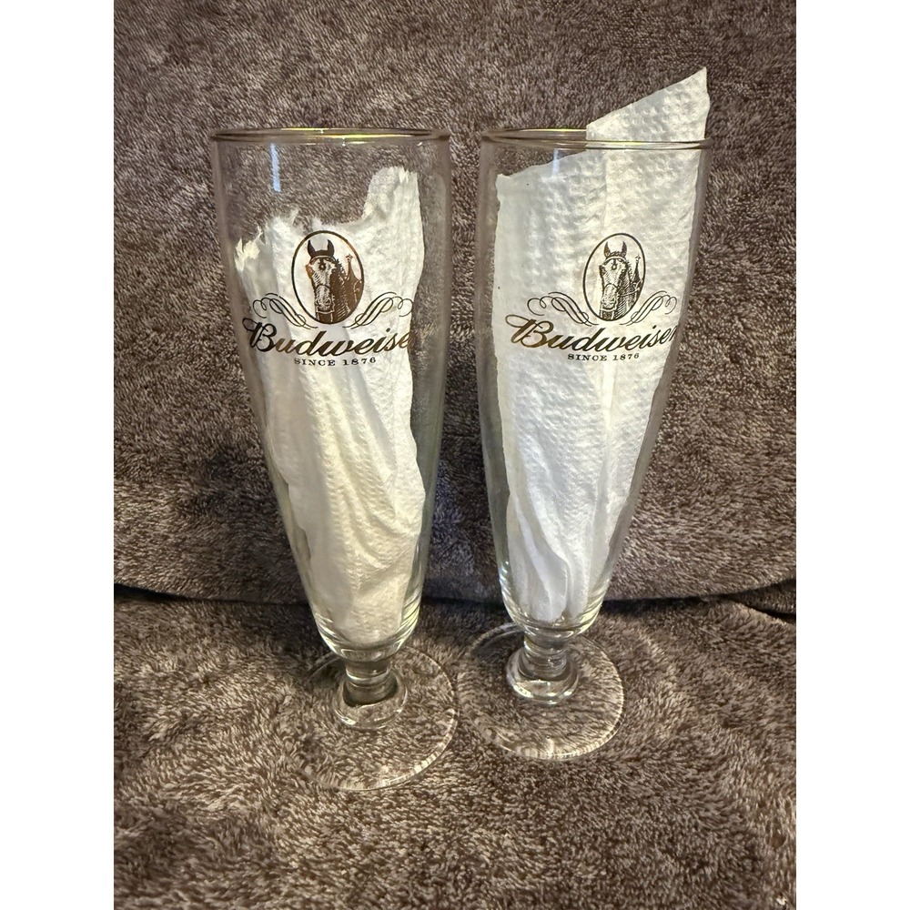 Vintage Lot Of 2 Budweiser stemmed Pilsner Flute Glass 70's Bar Glass